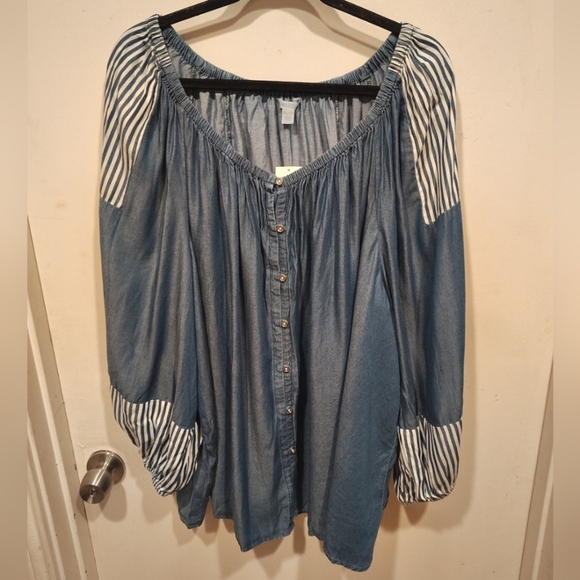 Cato NWT Blue Chambray Peasant Top Sz 26/28W Summer Boho Beach Stripe Patches - Picture 1 of 8